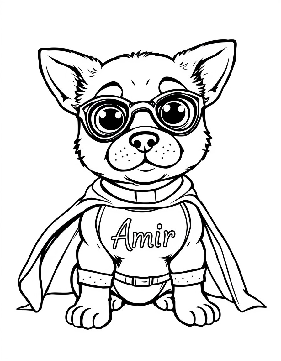 Cute tiny Algerian dog superhero with the text "Amir" on their chest