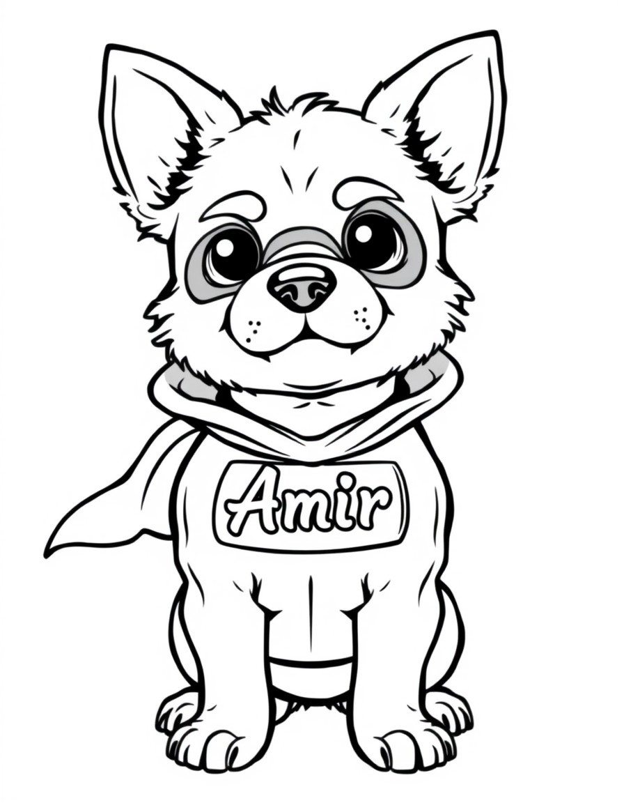 Cute tiny Algerian dog superhero with the text "Amir" on their chest