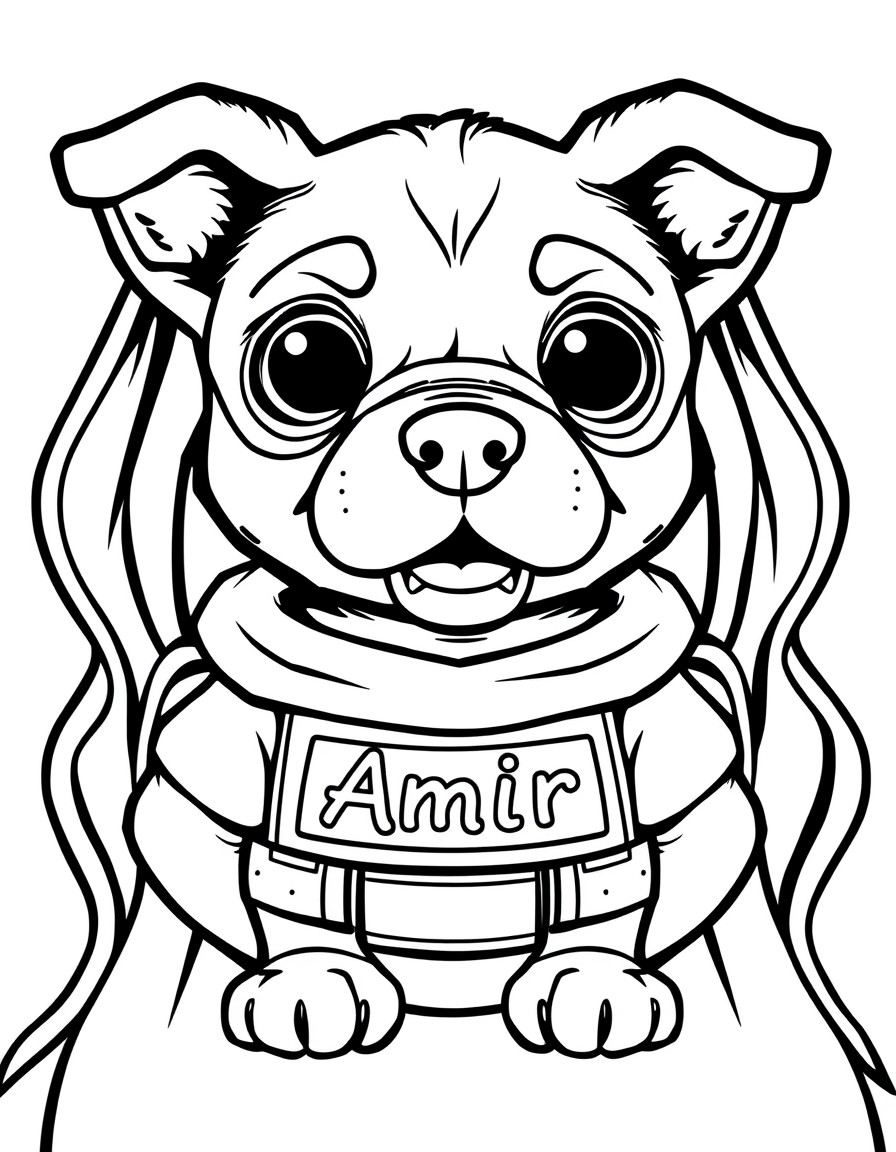 Cute tiny Algerian dog superhero with the text "Amir" on their chest