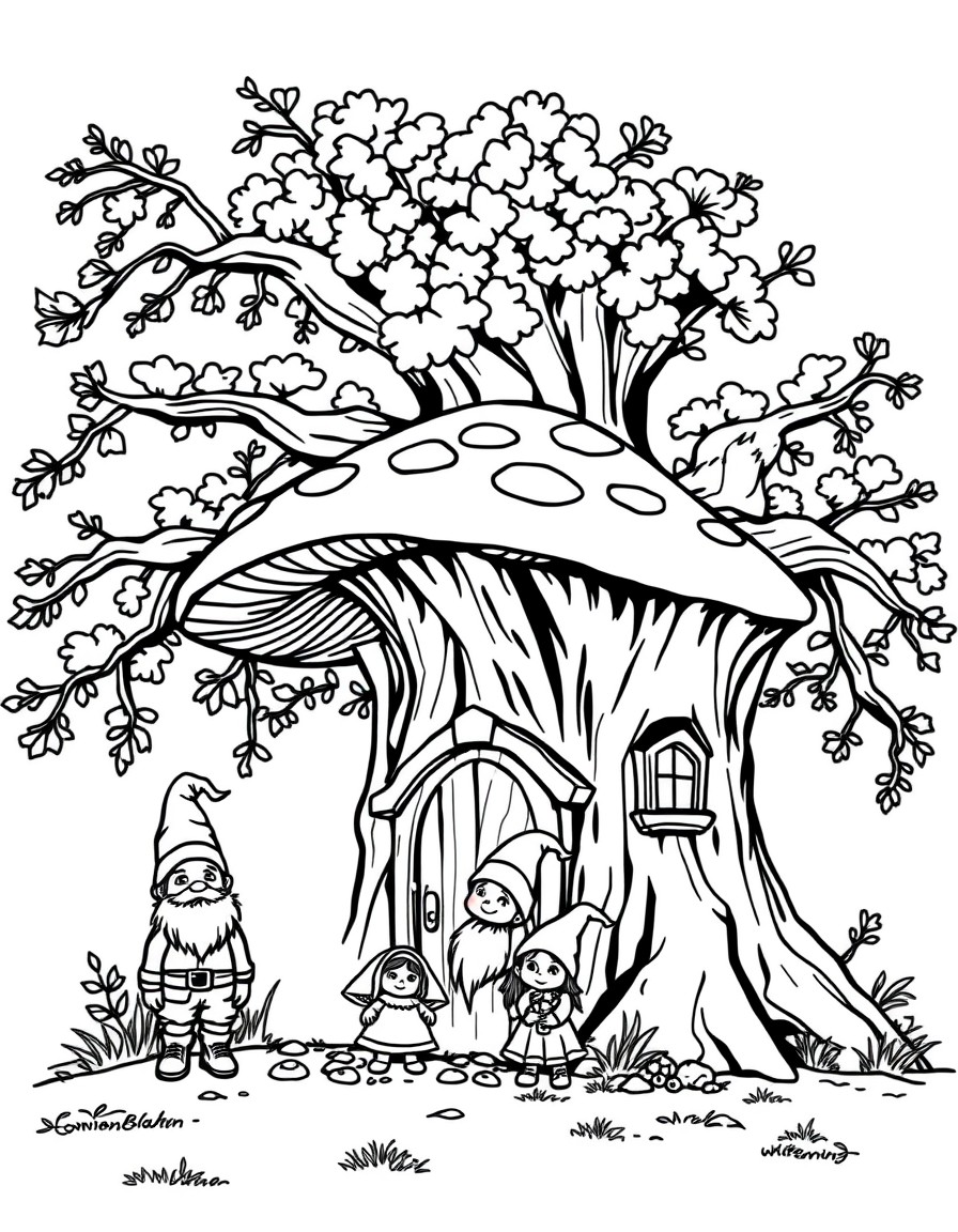 a gnome family standing in front of their mushroom house that is perched against an oak tree