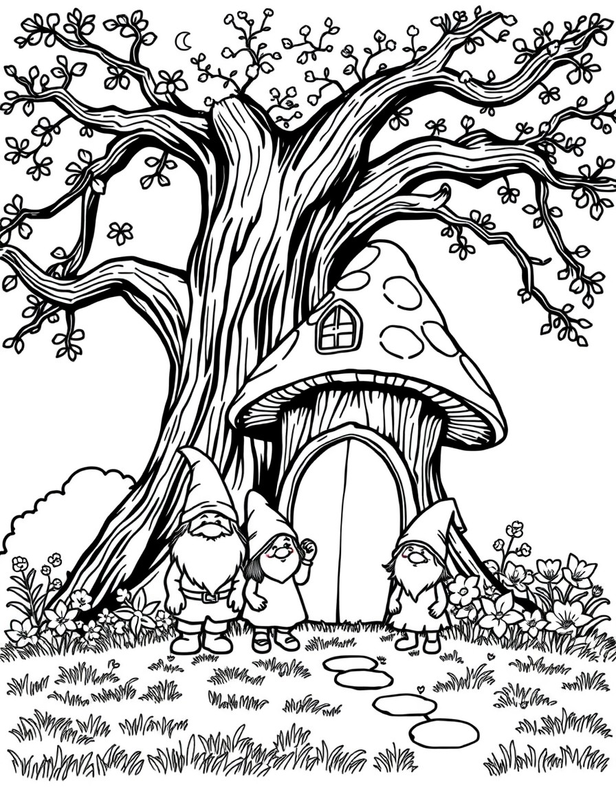 a gnome family standing in front of their mushroom house that is perched against an oak tree