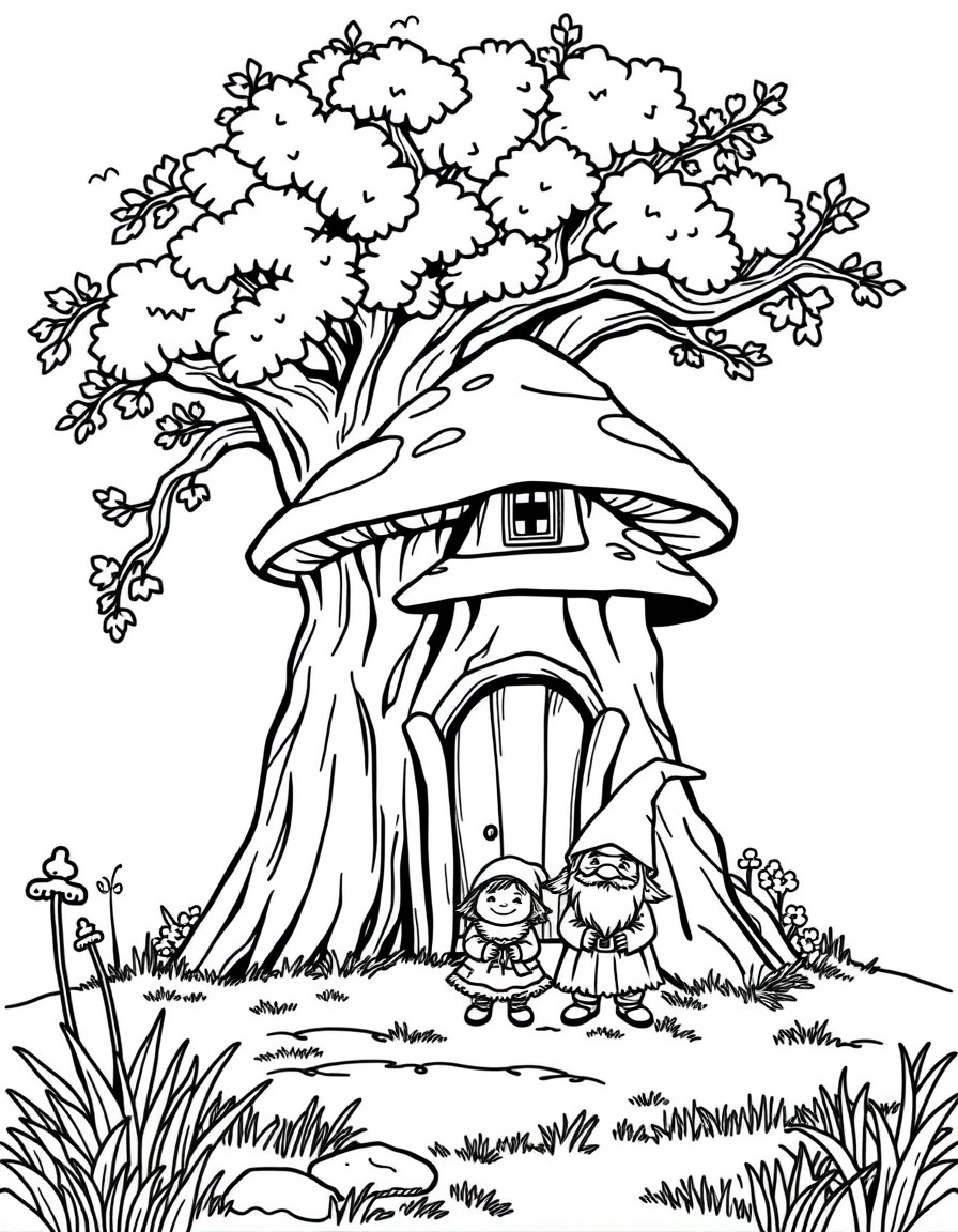 a gnome family standing in front of their mushroom house that is perched against an oak tree