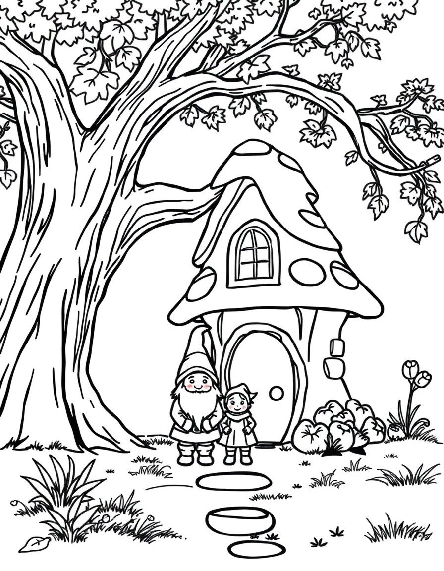 a gnome family standing in front of their mushroom house that is perched against an oak tree