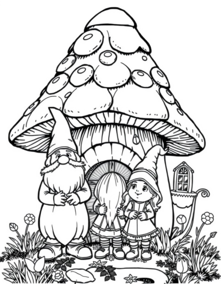 a gnome family standing in front of their mushroom house