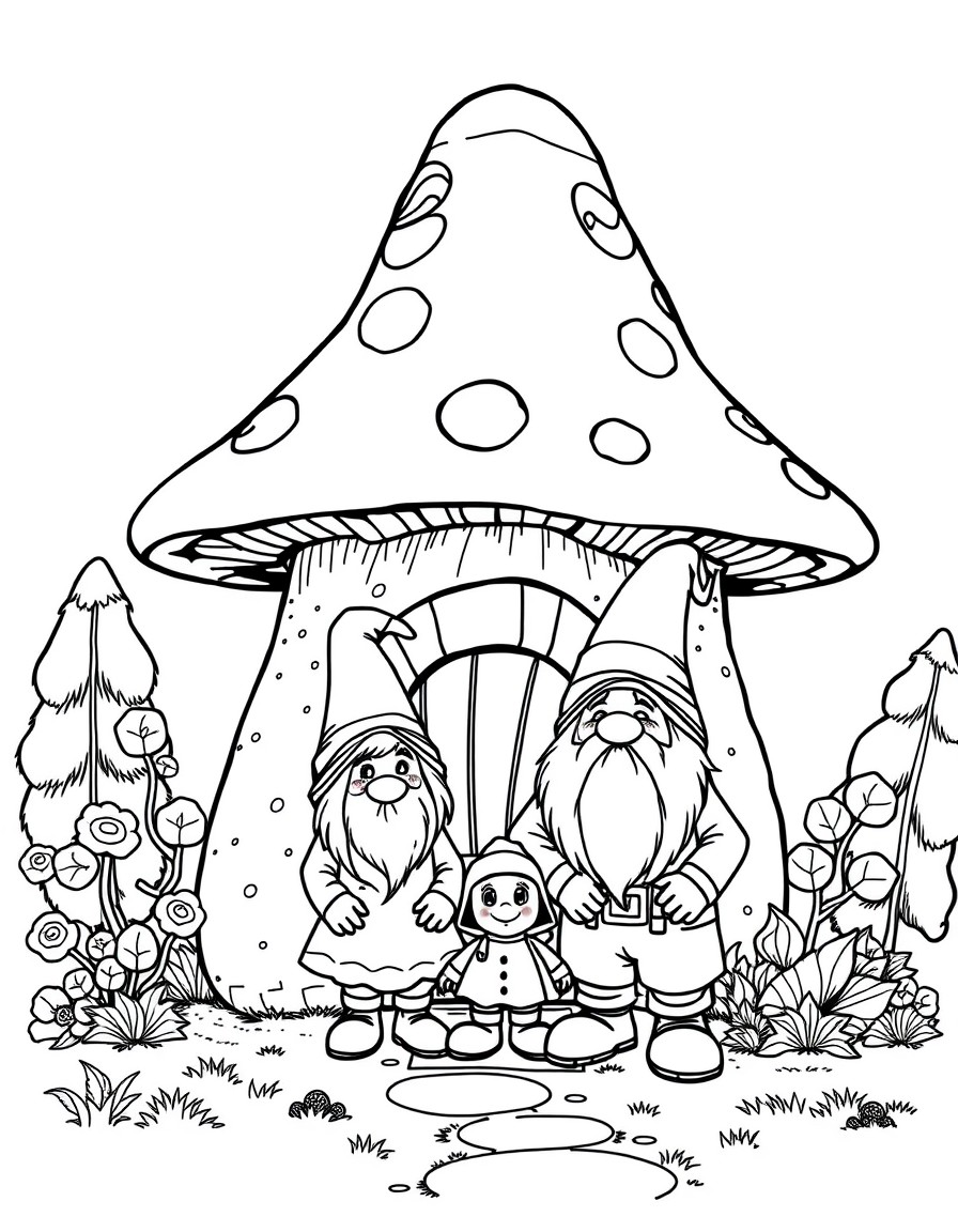 a gnome family standing in front of their mushroom house