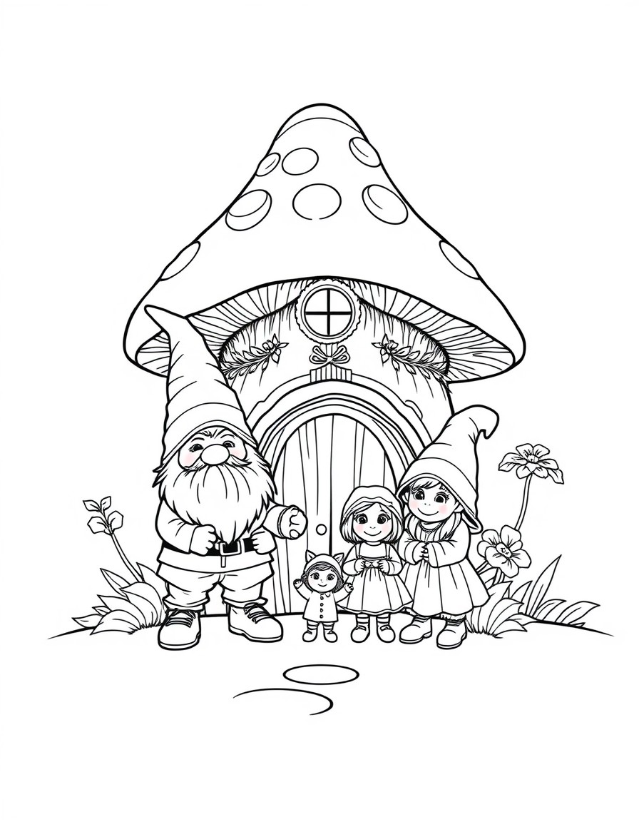 a gnome family standing in front of their mushroom house