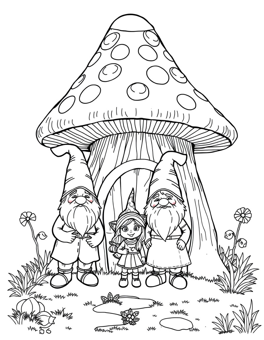 a gnome family standing in front of their mushroom house