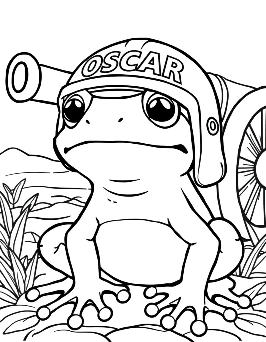 a frog with a helmet with a name oscar on it with a cannon in a background