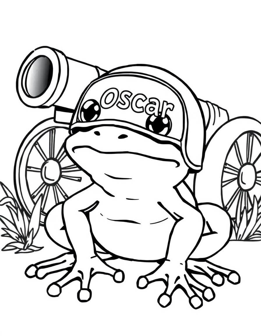 a frog with a helmet with a name oscar on it with a cannon in a background