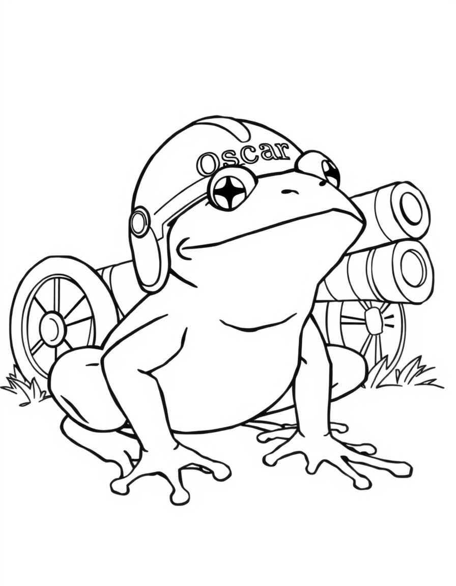 a frog with a helmet with a name oscar on it with a cannon in a background