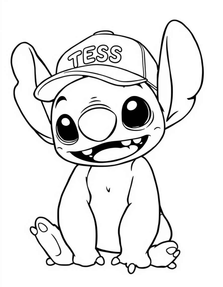 A cute Stitch with a cap that has the name 'TESS' on it"