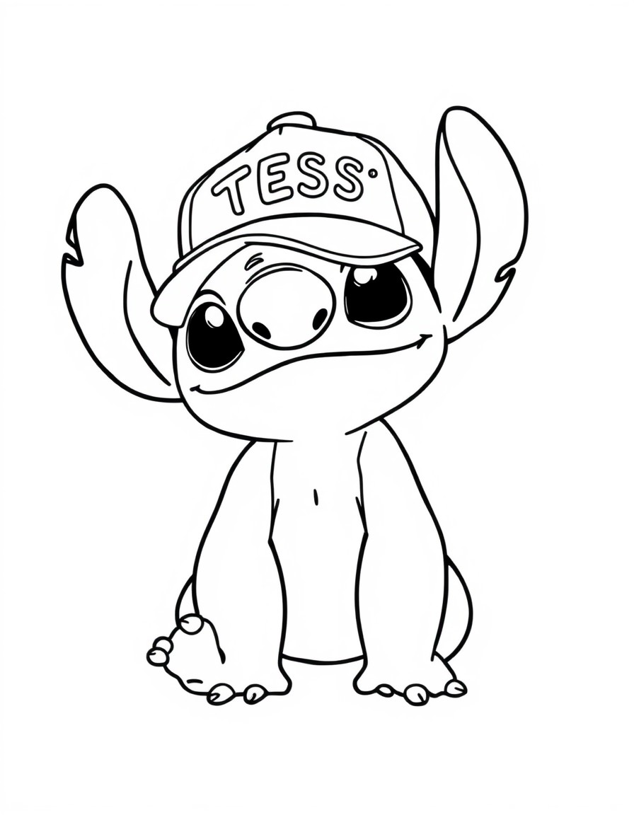 A cute Stitch with a cap that has the name 'TESS' on it"