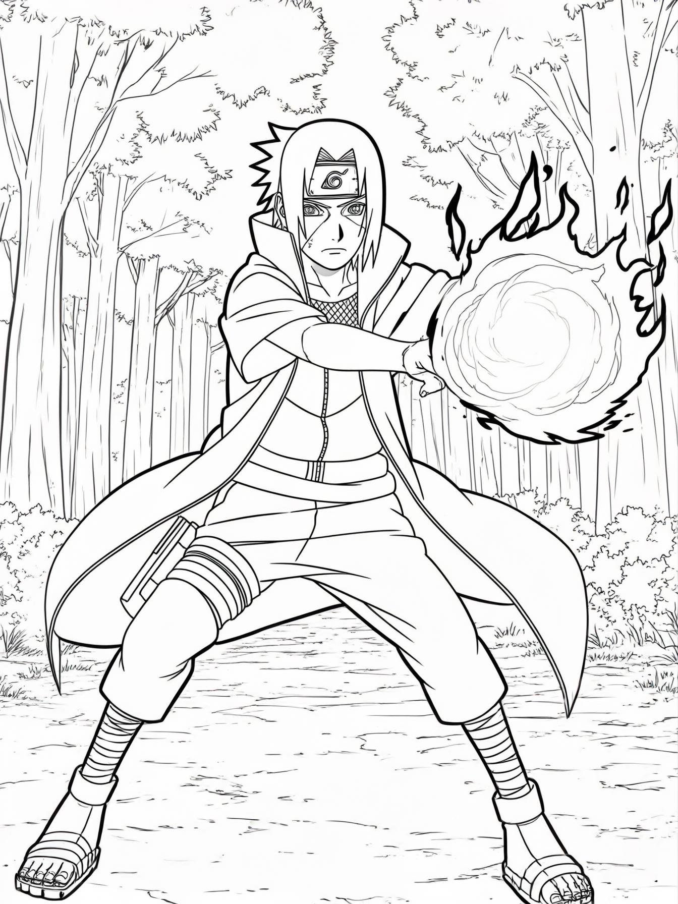 Itachi uchiha doing a fireball jutsu in a forest.