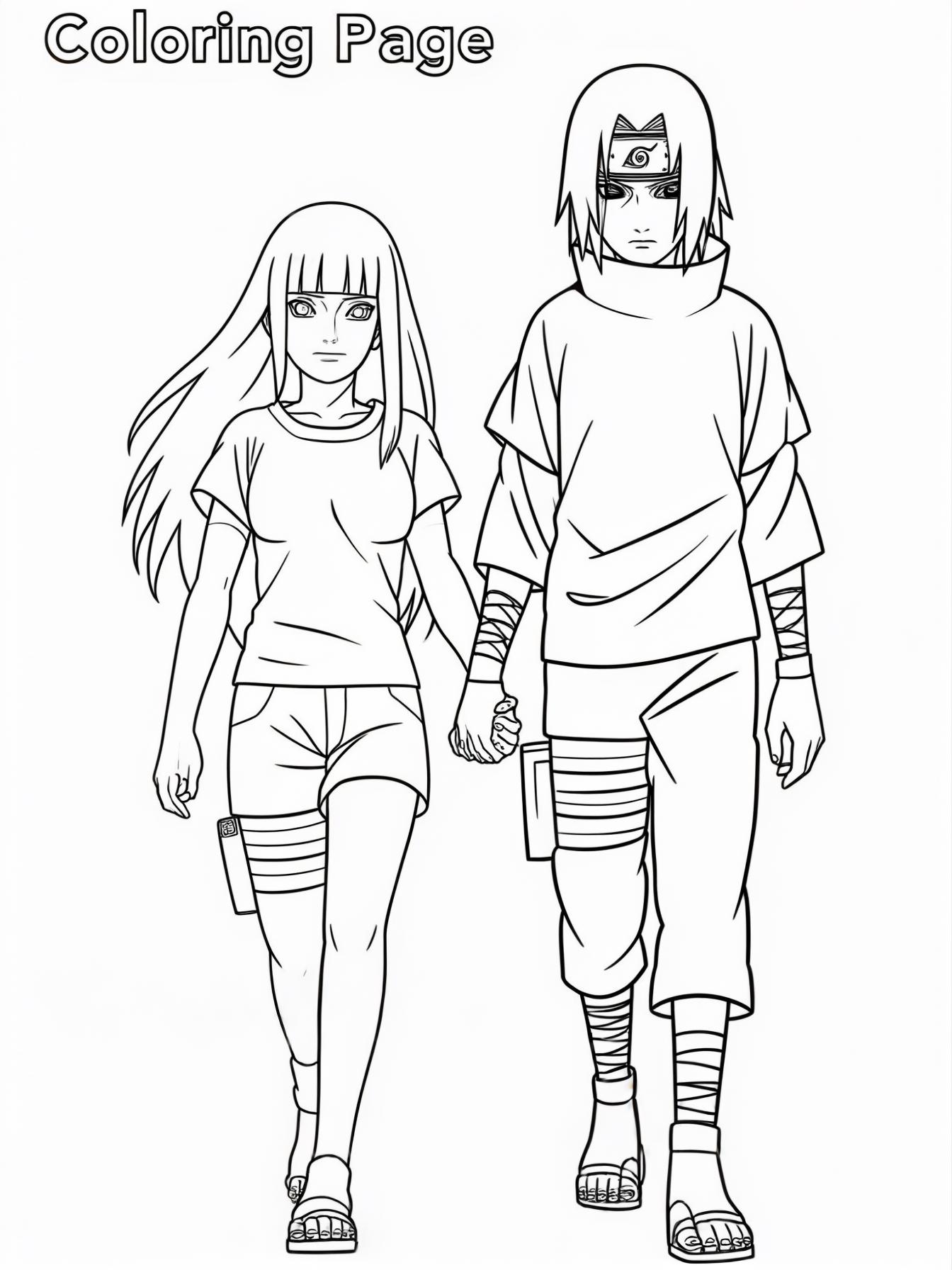 A female with long hair and bangs wearing a t-shirt and shorts with Itachi Uchiha, who is wearing a long sleeve shirt and pants. They are holding hands as they walk down the Village Hidden in the Leav