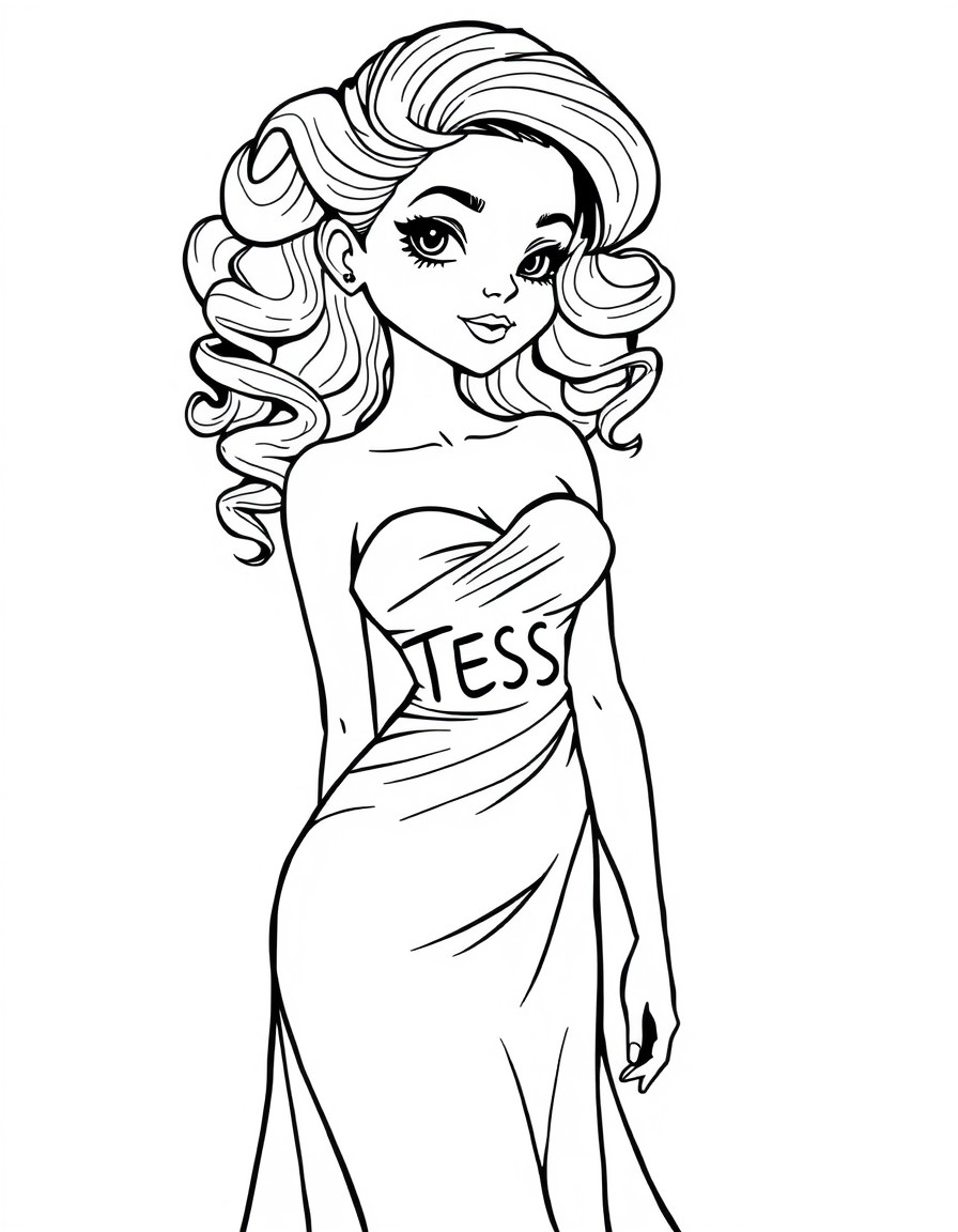 A fit headed girl with curls with a silky gown on. She has a look of seduction on her face. The text "TESS" on the dress