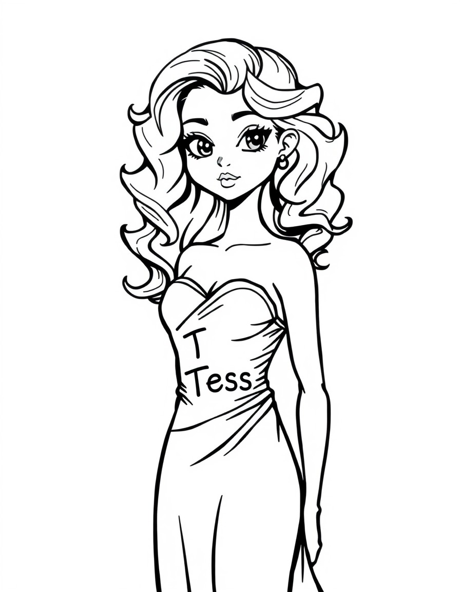 A fit headed girl with curls with a silky gown on. She has a look of seduction on her face. The text "TESS" on the dress