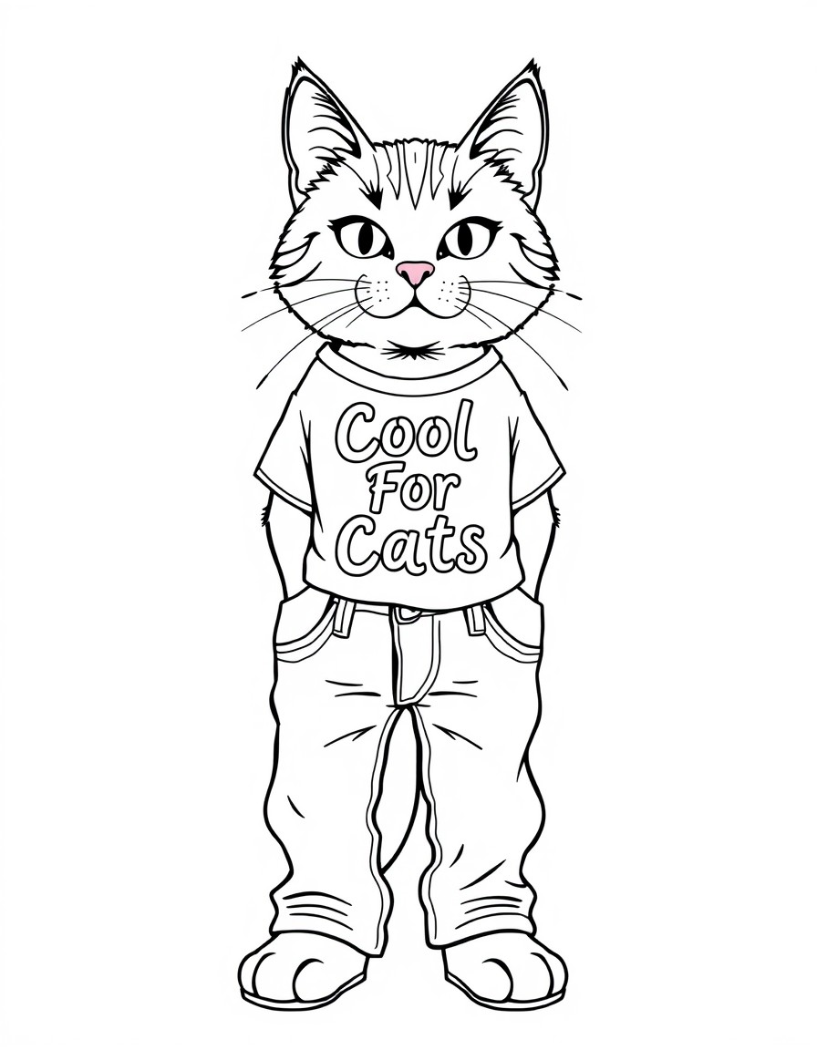 a standing cat wearing jeans and a t-shirt with the words Cool For Cats