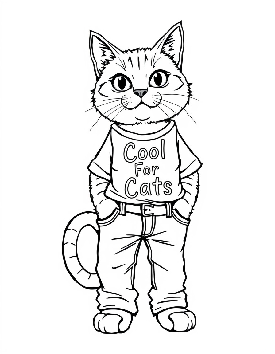 a standing cat wearing jeans and a t-shirt with the words Cool For Cats