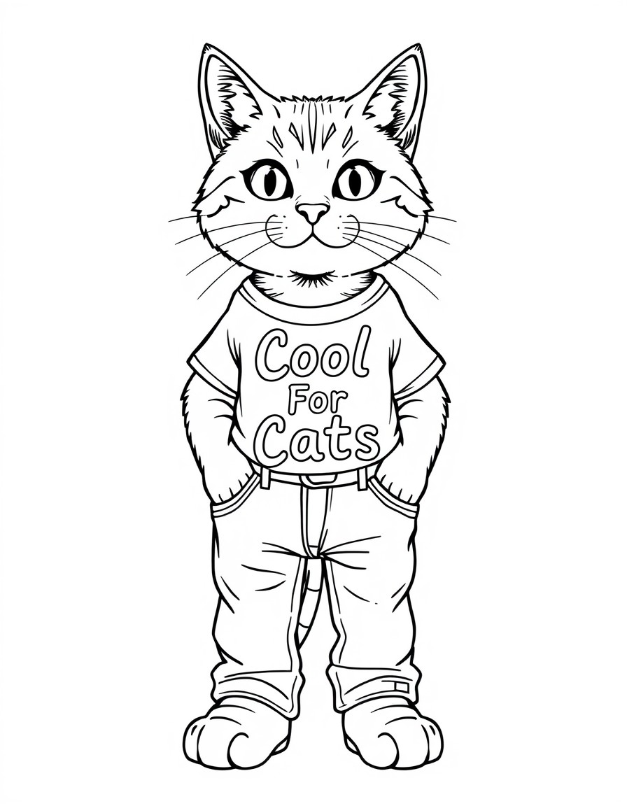 a standing cat wearing jeans and a t-shirt with the words Cool For Cats