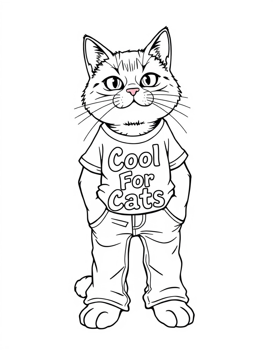 a standing cat wearing jeans and a t-shirt with the words Cool For Cats