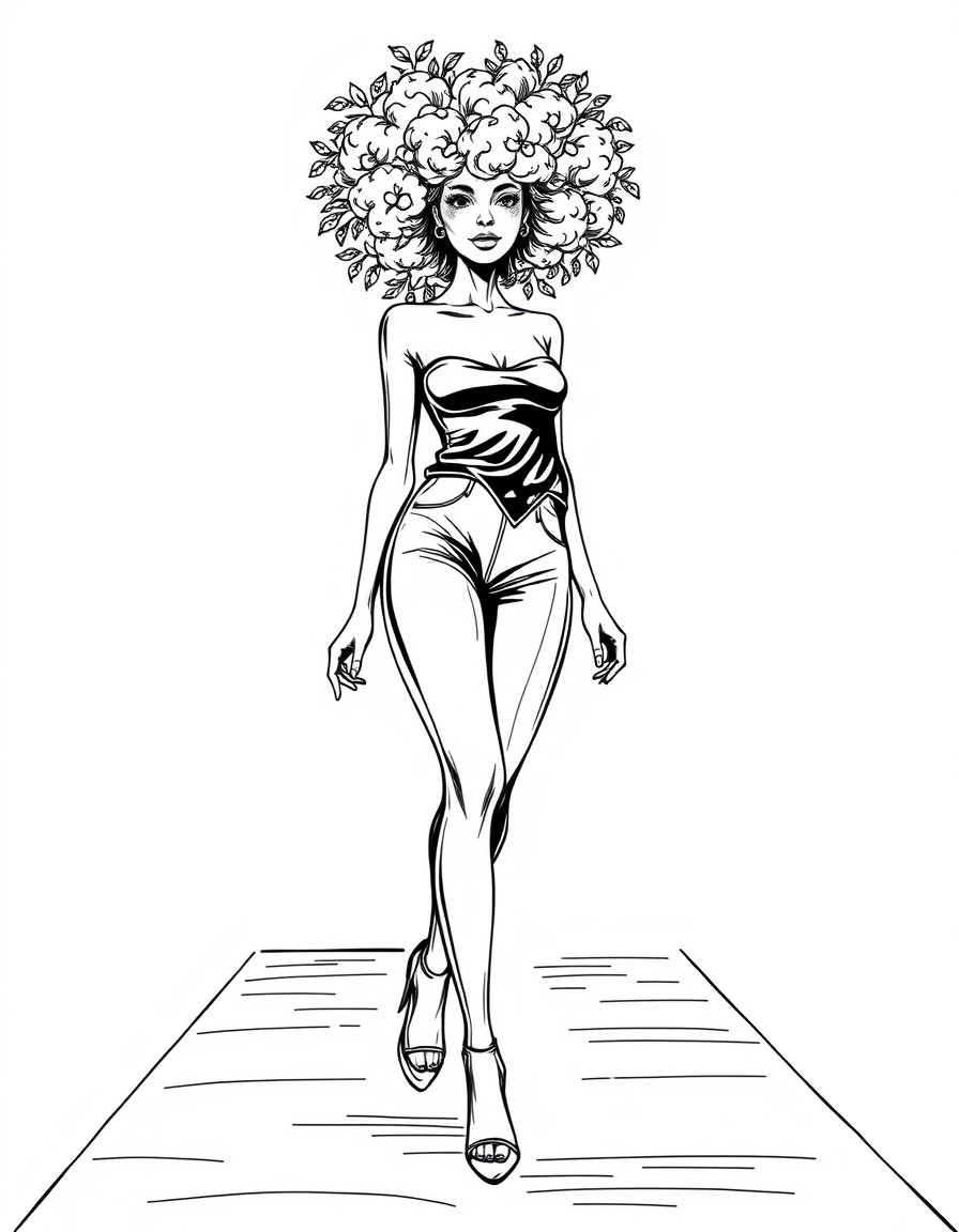 A detailed greyscale image of a black female fashion model walking on the catwalk