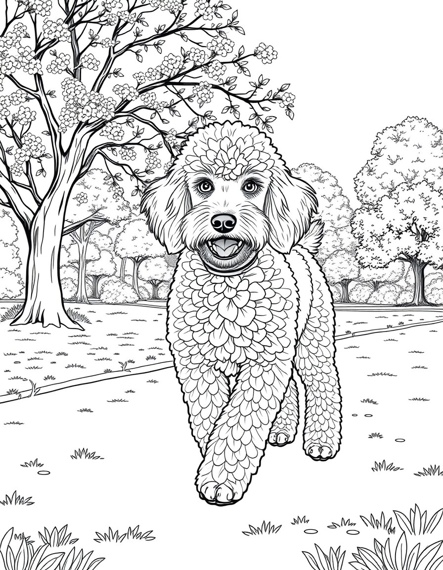 a full-body image of a poodle with white eyes walking in the park