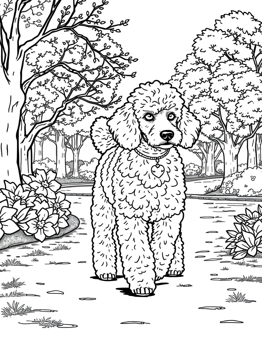 a full-body image of a poodle with white eyes walking in the park