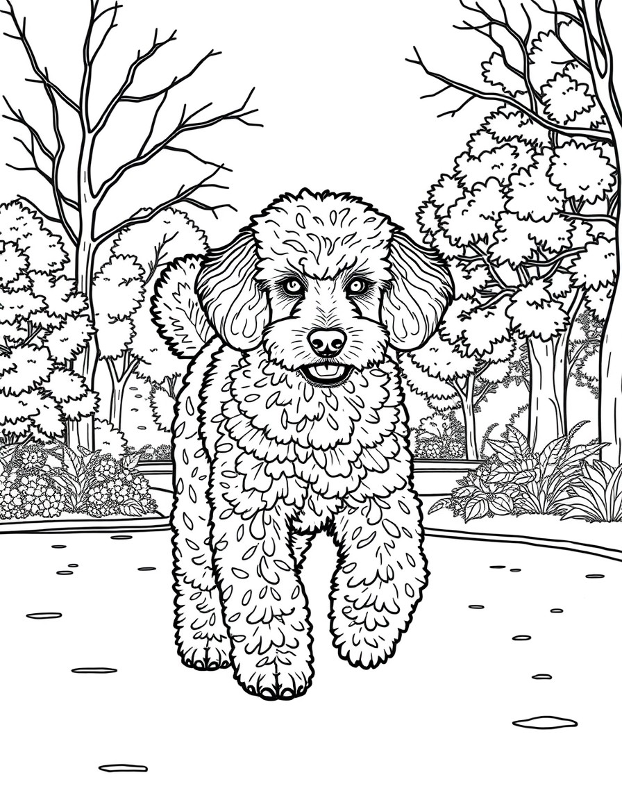 a full-body image of a poodle with white eyes walking in the park