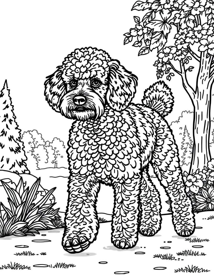 a full-body image of a poodle with white eyes walking in the park