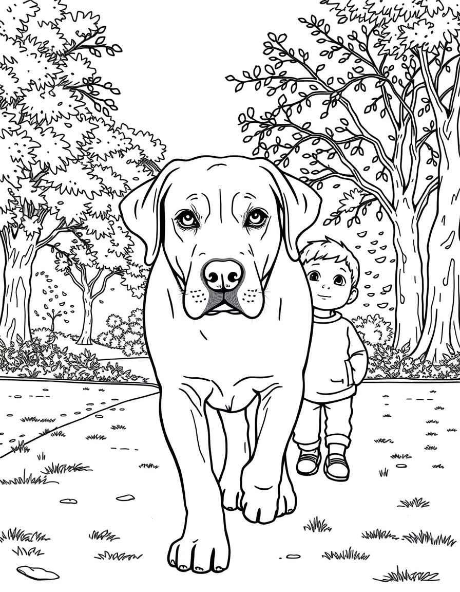 a labrador with white nose and white eyes walking in the park with a boy