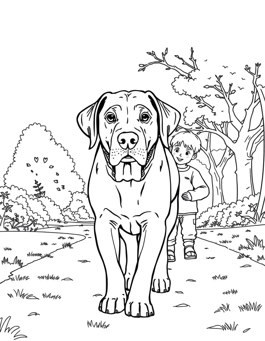 a labrador with white nose and white eyes walking in the park with a boy