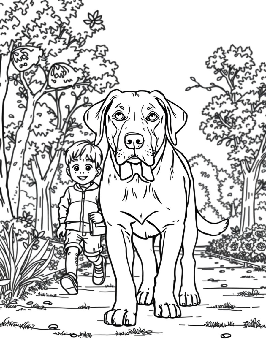 a labrador with white nose and white eyes walking in the park with a boy