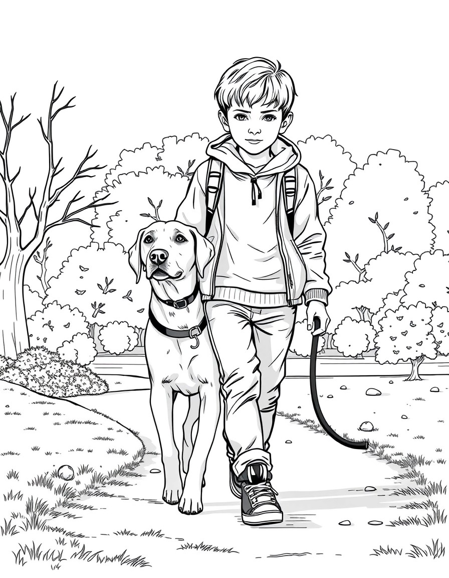 a highly-detailed image of a realistic boy with his labrador do walkng in the park