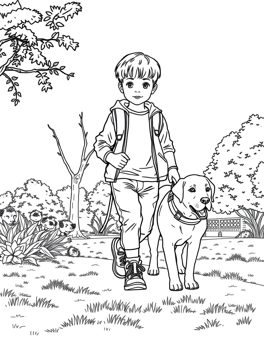 a highly-detailed image of a realistic boy with his labrador do walkng in the park