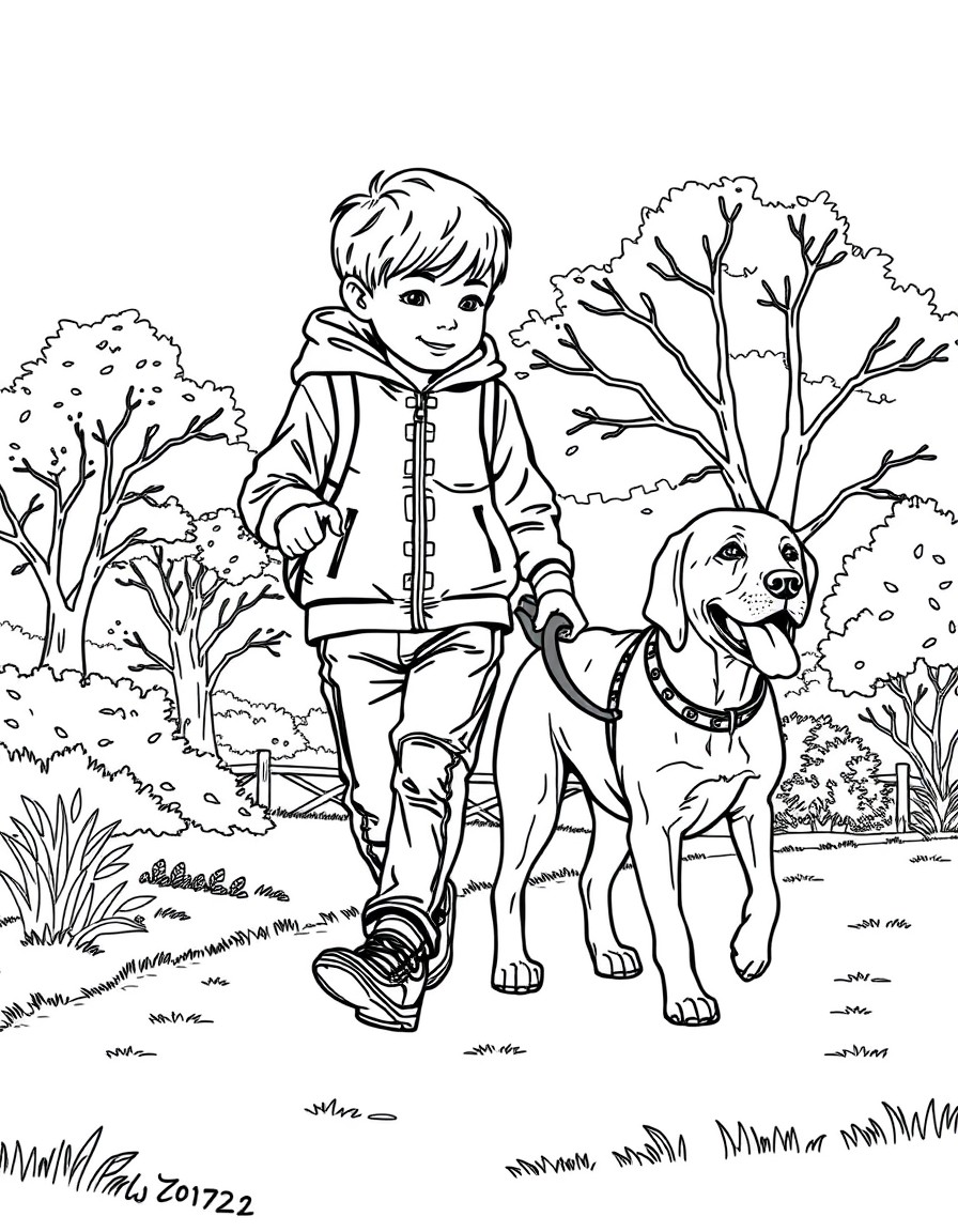 a highly-detailed image of a realistic boy with his labrador do walkng in the park