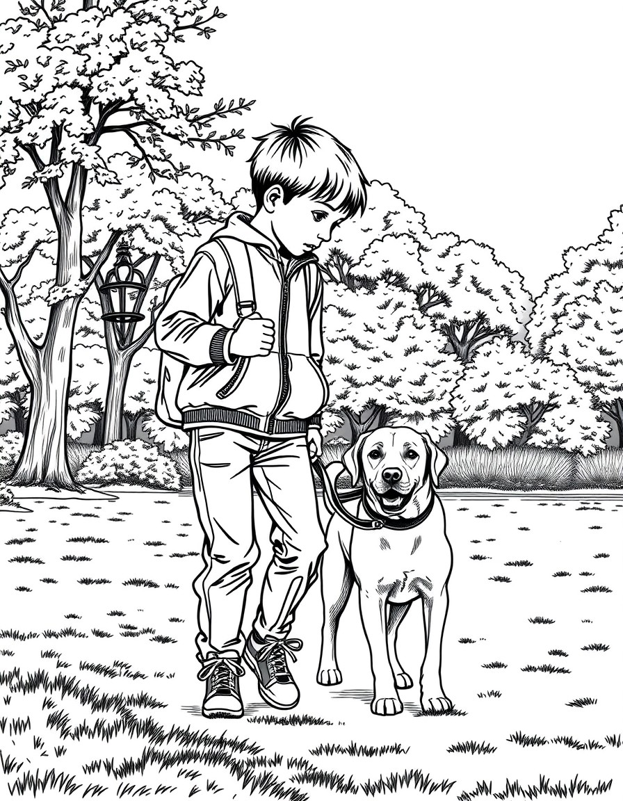 a highly-detailed image of a realistic boy with his labrador do walkng in the park