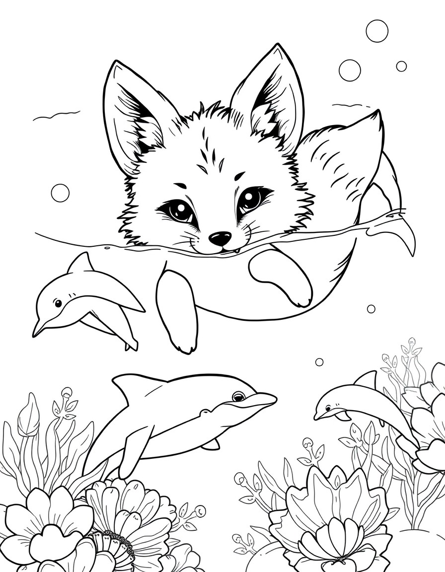 Cute fox swimming in the sea with dolphins