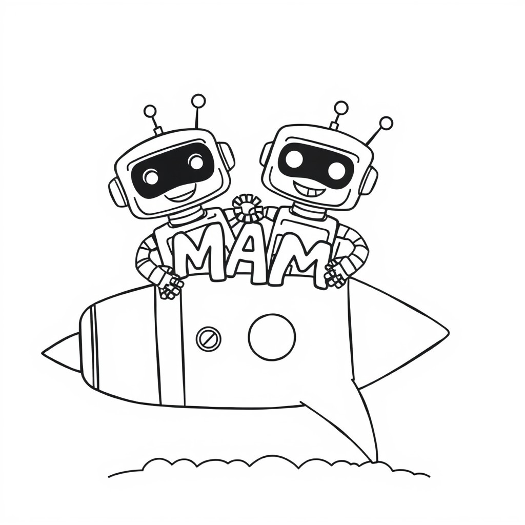 A pair of silly robots building a rocket ship decorated with the letters 'MAMA'