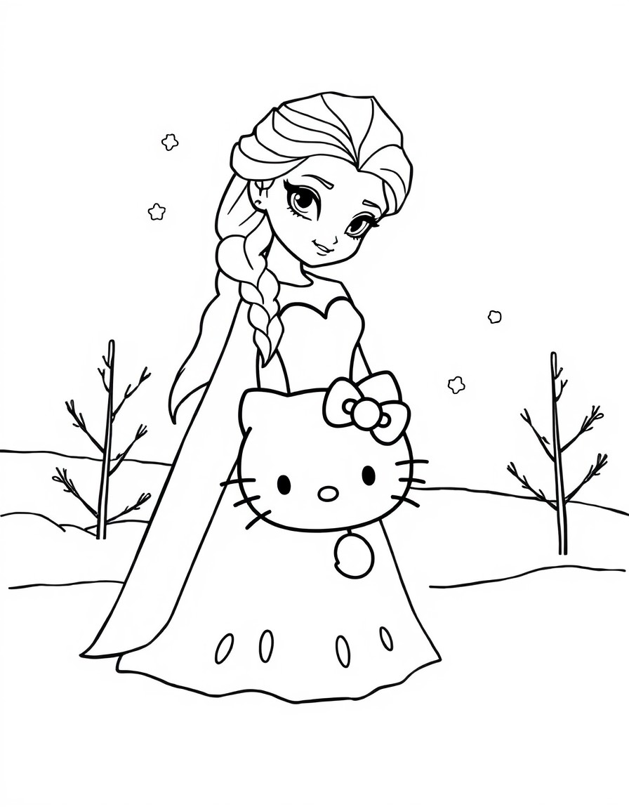 Create a series of images featuring Princess Elsa from Disney's Frozen and Hello Kitty in winter scenes. Elsa should be depicted in her signature ice-blue dress with long platinum blonde hair in a Fre