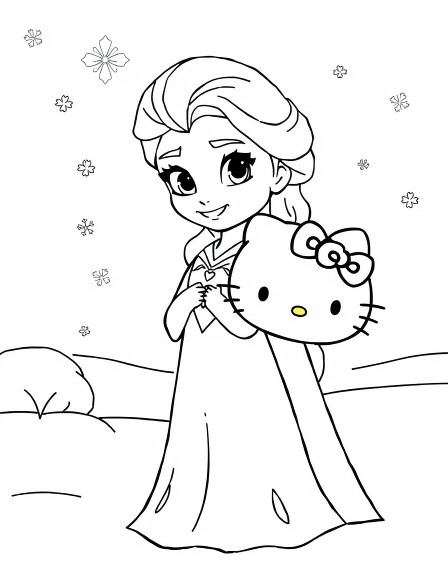 Create a series of images featuring Princess Elsa from Disney's Frozen and Hello Kitty in winter scenes. Elsa should be depicted in her signature ice-blue dress with long platinum blonde hair in a Fre