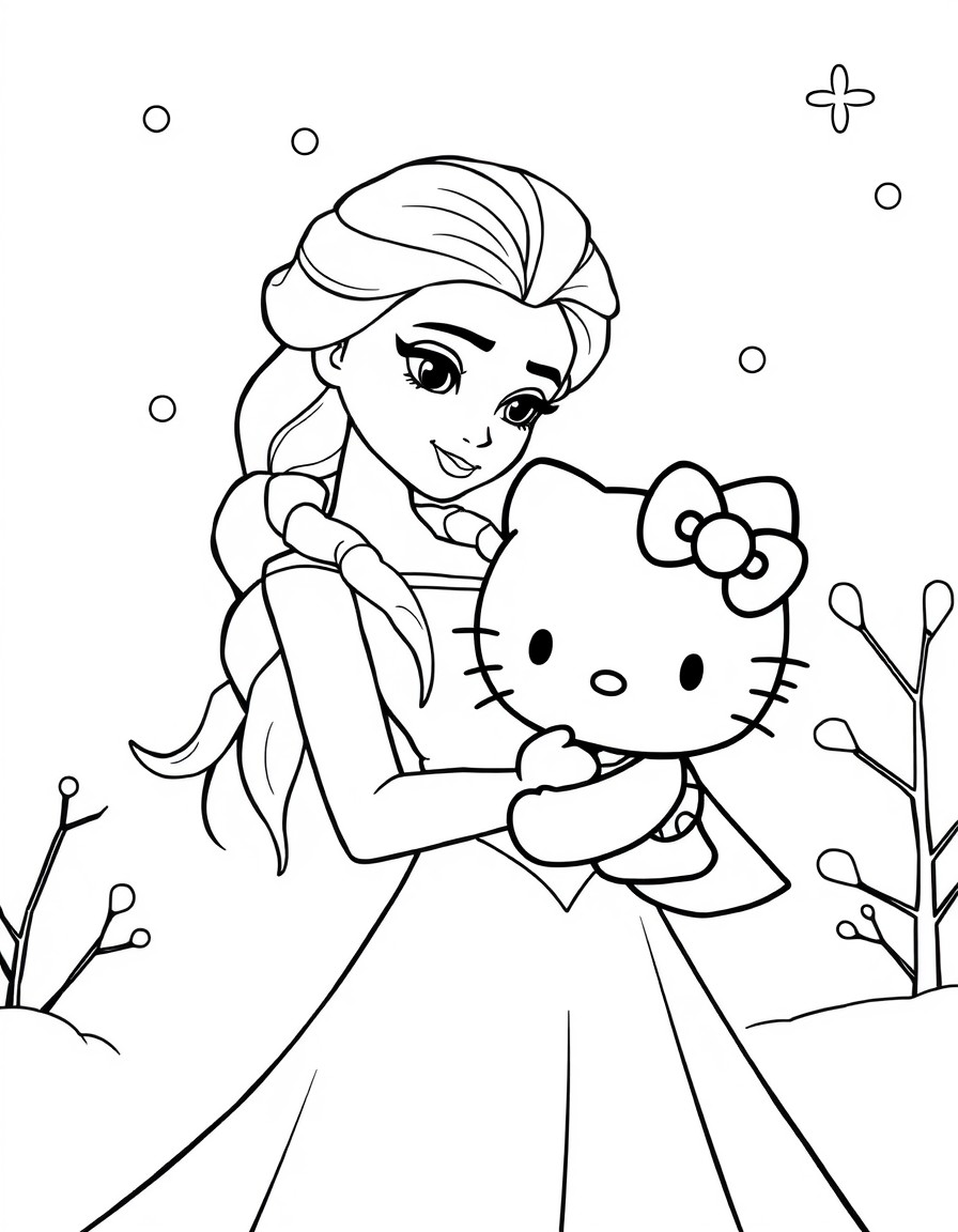 Create a series of images featuring Princess Elsa from Disney's Frozen and Hello Kitty in winter scenes. Elsa should be depicted in her signature ice-blue dress with long platinum blonde hair in a Fre