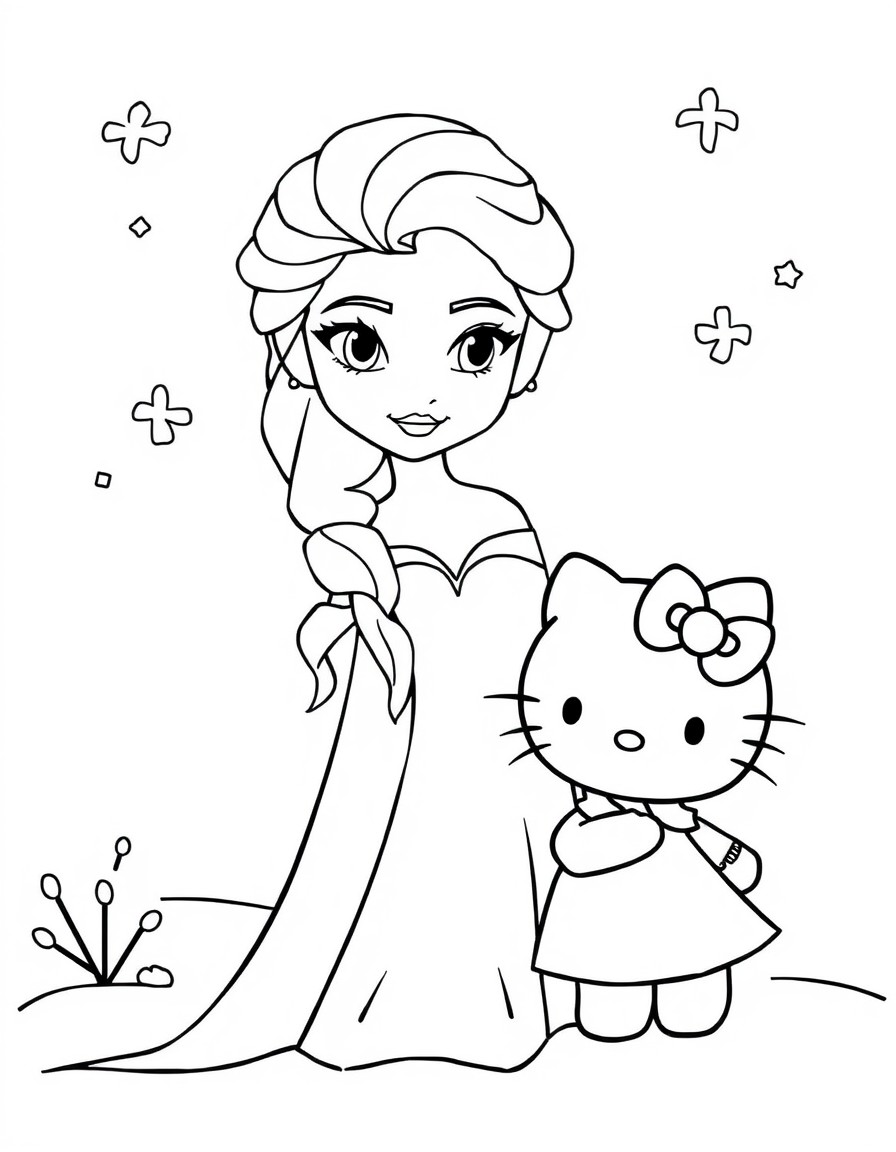 Create a series of images featuring Princess Elsa from Disney's Frozen and Hello Kitty in winter scenes. Elsa should be depicted in her signature ice-blue dress with long platinum blonde hair in a Fre