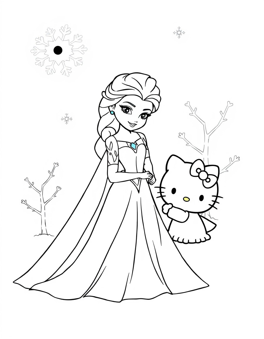 Create a series of images featuring Princess Elsa from Disney's Frozen and Hello Kitty in winter scenes. Elsa should be depicted in her signature ice-blue dress with long platinum blonde hair in a Fre