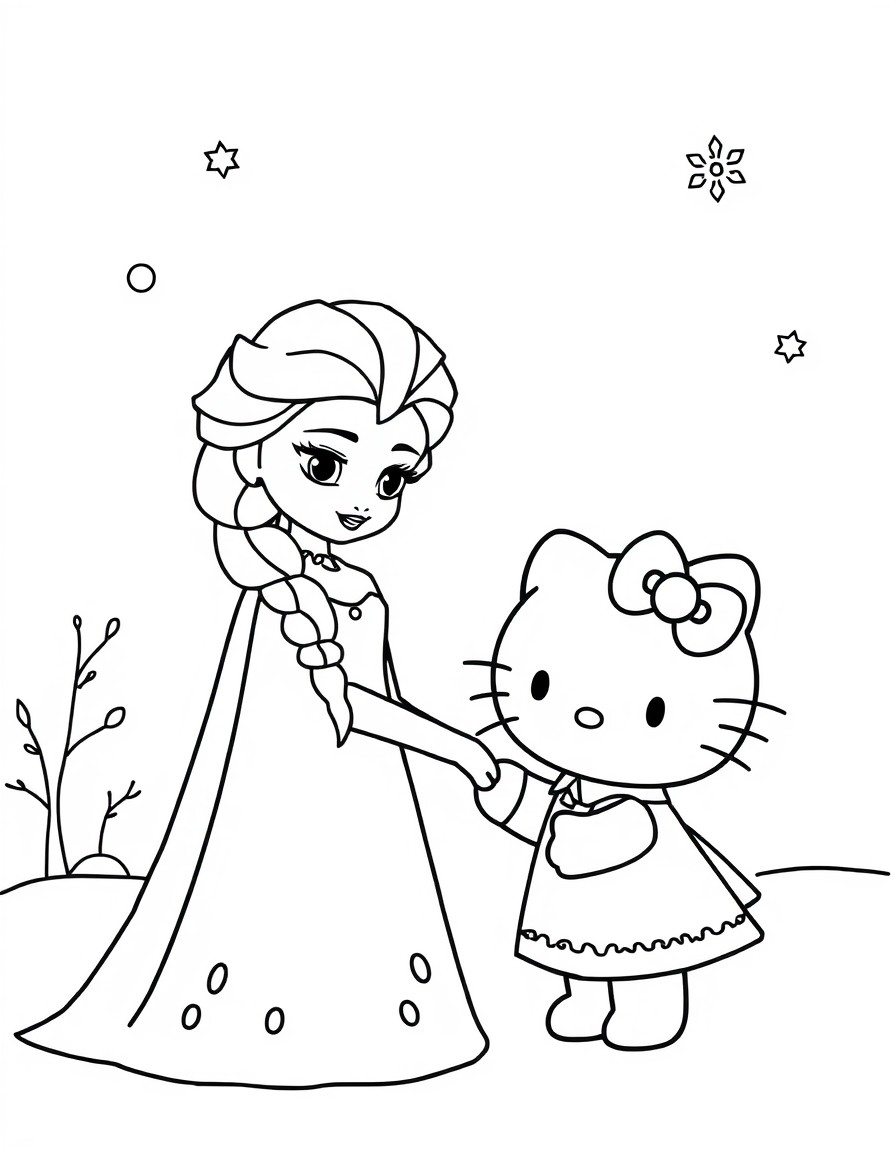 Create a series of images featuring Princess Elsa from Disney's Frozen and Hello Kitty in winter scenes. Elsa should be depicted in her signature ice-blue dress with long platinum blonde hair in a Fre