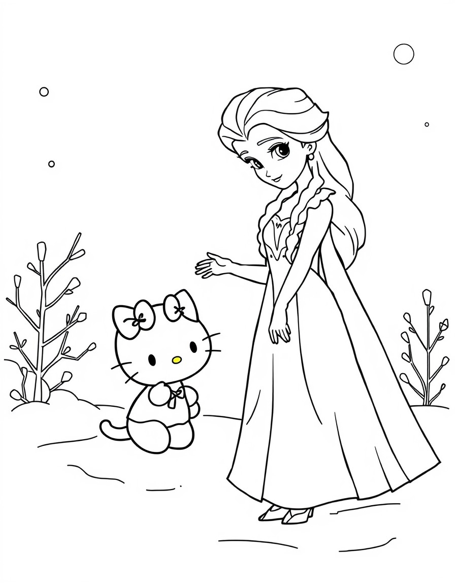 Create a series of images featuring Princess Elsa from Disney's Frozen and Hello Kitty in winter scenes. Elsa should be depicted in her signature ice-blue dress with long platinum blonde hair in a Fre