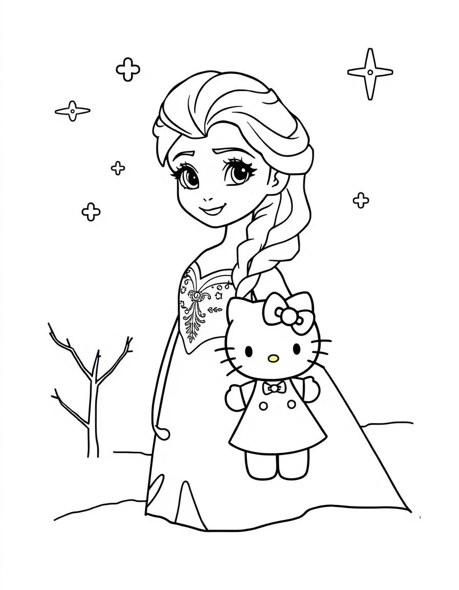 Create a series of images featuring Princess Elsa from Disney's Frozen and Hello Kitty in winter scenes. Elsa should be depicted in her signature ice-blue dress with long platinum blonde hair in a Fre