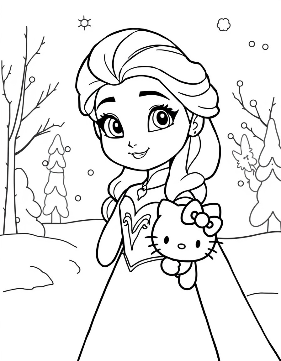 Create a series of images featuring Princess Elsa from Disney's Frozen and Hello Kitty in winter scenes. Elsa should be depicted in her signature ice-blue dress with long platinum blonde hair in a Fre