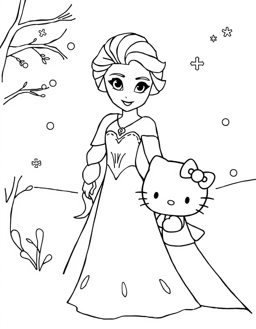 Create a series of images featuring Princess Elsa from Disney's Frozen and Hello Kitty in winter scenes. Elsa should be depicted in her signature ice-blue dress with long platinum blonde hair in a Fre