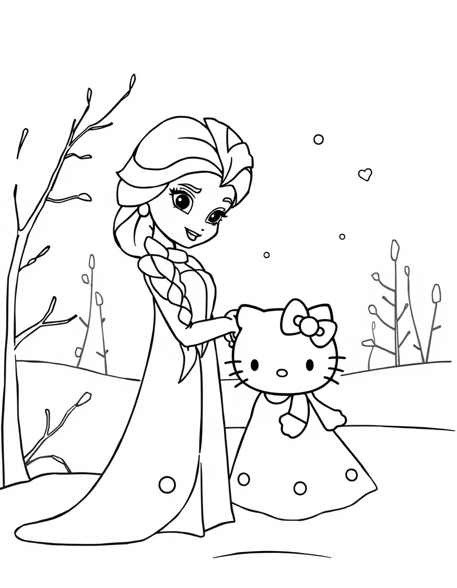 Create a series of images featuring Princess Elsa from Disney's Frozen and Hello Kitty in winter scenes. Elsa should be depicted in her signature ice-blue dress with long platinum blonde hair in a Fre