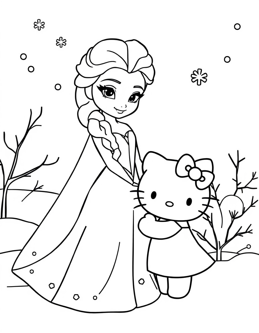 Create a series of images featuring Princess Elsa from Disney's Frozen and Hello Kitty in winter scenes. Elsa should be depicted in her signature ice-blue dress with long platinum blonde hair in a Fre